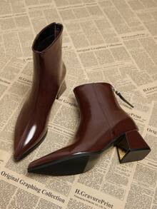2025秋季新款女士优雅简约棕色短靴，粗跟低跟尖头鞋，踝靴，秋冬季百搭时尚踝靴 - 酒紅色 - 查看 1