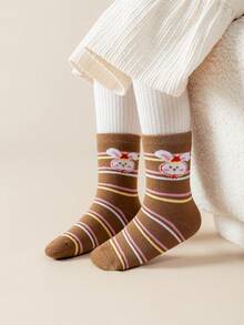 5 Pairs Girls' Crew Socks, Pink, White, Red, Coffee, Yellow, Color Block, Cartoon Rabbit & Dog, Striped Pattern, Soft & Warm, Thick, Simple Style, Cute, Fashionable, Versatile, Suitable For Daily Wear, Autumn/Winter - Multicolor - View 4