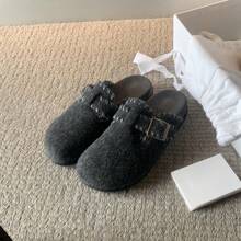 Chaussures pour femmes avec boucle chaude, semelle épaisse, chaussures en laine , pantoufles à bout fermé, vêtements d'extérieur pour femmes automne hiver - Gruau - Voir 2
