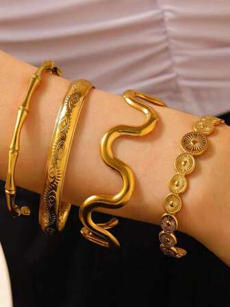 1pc Stainless Steel Wavy Open Bangle Bracelet, Fashionable Minimalist 18K Gold Plated Geometric Open Cuff Bracelet, Luxury Niche Personalized Accessory Suitable For Girls And Women