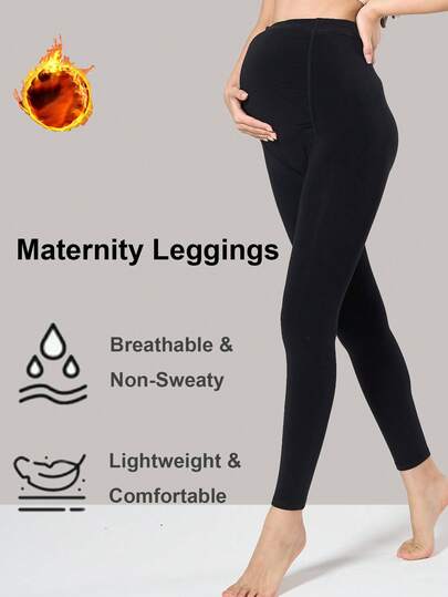 1 pieza Leggings negros sólidos de longitud corta para maternidad | Forrados de felpa, gruesos, amigables con la piel, con tirantes ajustables y soporte para el vientre, minimalistas para usar en invierno en casa y al aire libre