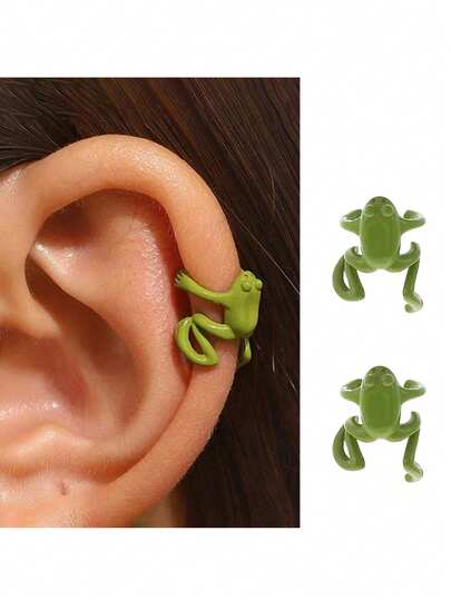 2pcs Green Frog Ear Clips, Earrings Without Piercing Suitable For Men And Women, Daily Wear And Gift