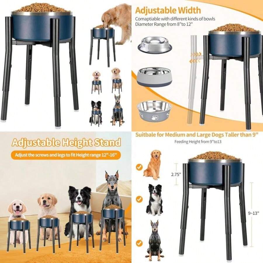 PROERR Soporte de ón individual para perro, soporte alto para comida para perros, ajustable de 7 a 11 pulgadas de altura, 14.5 pulgadas, soporte de metal elevado para perros medianos y grandes (ón no incluido)(Altura: 16 pulgadas para perros grandes) - Tipo 2 - Ver 1