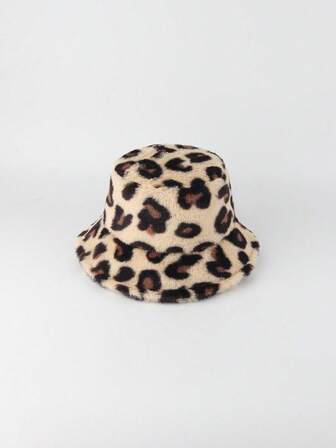 1pc Women's Autumn/Winter Leopard Faux Fur Bucket Hat, Adjustable Outdoor Casual Cap Suitable For Sightseeing, Party, Street, Cycling