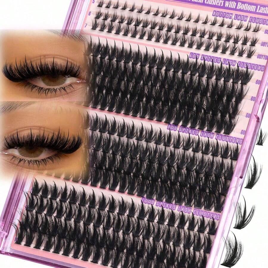 Volume Lash Clusters Spikes Cluster Eyelash Extensions 60D 80D 100D Thick Spiky Individuals Lashes Product-19mm Mega Wispy Eyelash Extension Fluff D Curly Lash Extension With Bottom Lashes 296Pcs - 60D+80D+100D Spikes - 黑色套裝 - 查看 1