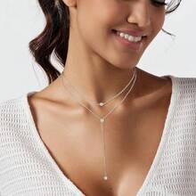 Luxval Lariat Gold Necklace For Women, Dainty Long Necklace 14k Gold Plated/Silver Y-Shaped Pendant Necklaces  Beaded Chain Drop Necklaces Jewelry For Women Gifts{"Color_name":"Silver-YLayeredCZNecklace"} - 銀-Y 層壓 CZ 項鍊 - 查看 6