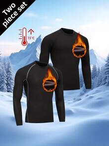 男士保暖内衣套装（2件装） - 保暖长袖打底衫，柔软隔热面料，适合日常穿着、健身、跑步、骑行和滑雪（秋冬季） - 黑色 - 查看 2