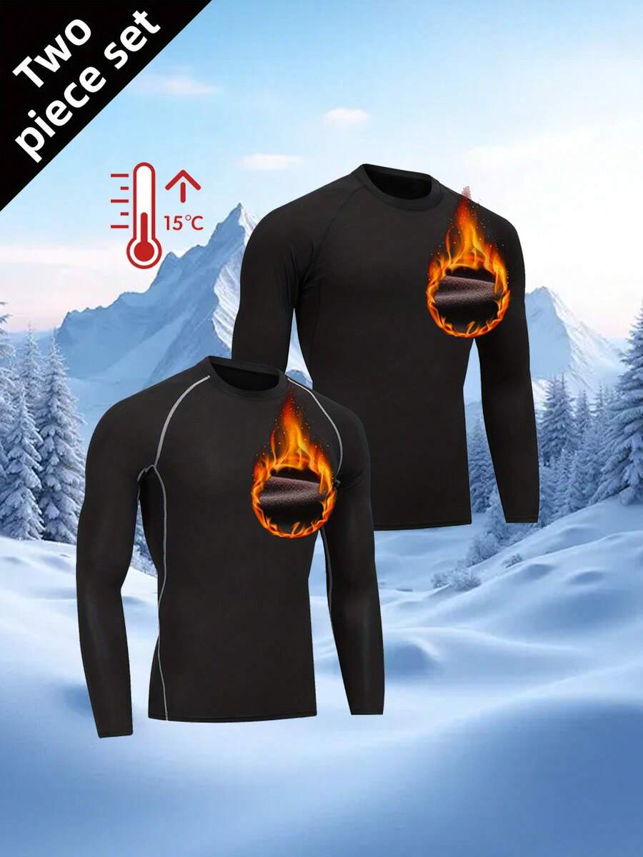 男士保暖内衣套装（2件装） - 保暖长袖打底衫，柔软隔热面料，适合日常穿着、健身、跑步、骑行和滑雪（秋冬季）