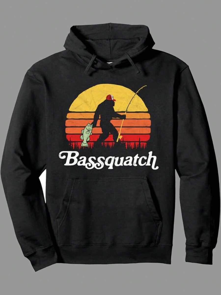 Fishing Print, Men's Cotton Warm Pullover Round Neck Hoodies With Pocket & Drawstring, Long Sleeve Hooded Sweatshirt, Loose Casual Top Gamer For Autumn Winter,Fall Hoodies,Men's Fall Clothes,Street Wear,Halloween,Mens Hoodies,Y2k Clothes,Jesus Hoodie,Thanksgiving Day,Nightmare Before Christmas,Christmas - màu đen - Xem 1