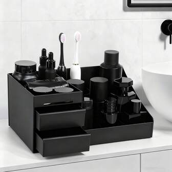 1 pieza Caja de almacenamiento de maquillaje negra con cajones, estante organizador de plástico para dormitorio, almacenamiento de cuidado de la piel y cosméticos, tocador
