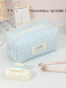 1 件装蓝色格纹化妆包，绣有爱心图案，可爱波点印花，大容量旅行化妆包，带拉链，可收纳化妆刷，小口红袋，小物件收纳袋 - 粉色 - 查看 16