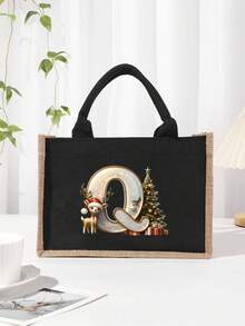 Men's Casual Tote Bag, Large Capacity Shopping Bag, Linen Beach Tote Bag Christmas Theme 26 Letter Print Commuter Tote Bag Yellow Linen Tote Bag, Shopping Bag With Gold Letter And Flower Print, Large Capacity Reusable Shopping Bag Laptop Bag Christmas Bags