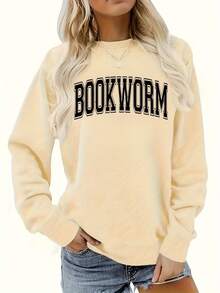 Women'S Bookworm Sweatshirt - Dark Green Literary Pullover With Bold BOOKWORM Lettering, Cozy Long Sleeve Round Neck Sweater For Book Lovers, Casual Everyday & Book Club Outfits - Perfect Gift For Readers, Book Lover Gifts, Reading Apparel, Relaxed Fit, Comfortable Material, Bookish Apparel, Bibliophiles Outfit, Readingthemed Clothing, Retro Design, Soft Fabric, Bibliophile Fashion, Casual Attire - Cozy Fall & Winter Outfit, Seasonal Clothing, Holiday Shoppers - Màu be - Xem 4