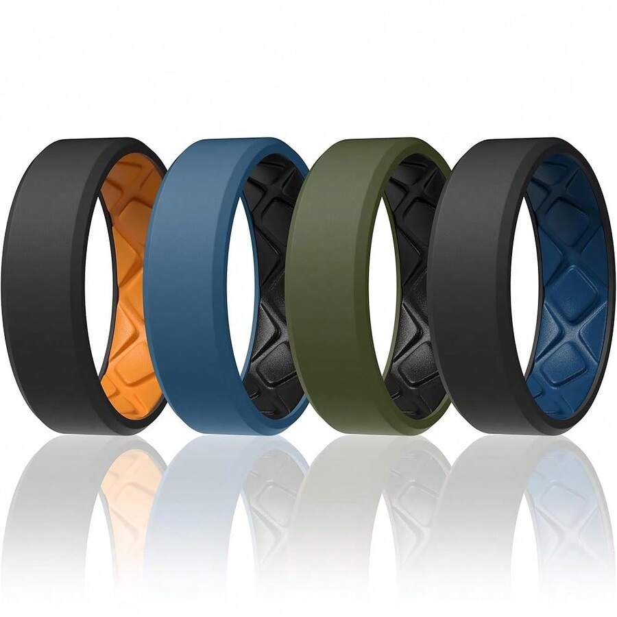 Egnaro Men's Silicone Rings, 7.5mm Wide 2.5mm Thick Rubber Bands For Him, Ergonomic Beveled Edge Two Tone Waterproof Workout Accessories{Inchcolor_nameinch:InchSETA5-Black/Orangeinch,Inchsize_nameinch:InchTwilightBlue/Blackinch} - SETA5-黑色/橘色 - 查看 1