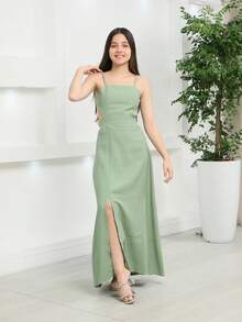 Vestido Longo juvenil e infantil Passeio ou Festa alfaiataria Sensorial Marrant Fenda Lateral Tecido duplo superior Reguladores nas Alças 10 12 14 16 Amarração e elástico nas Costas Ajustável Primavera Verão