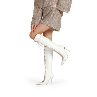 全新尖头性感镂空交叉带超高跟时尚过膝长靴女款