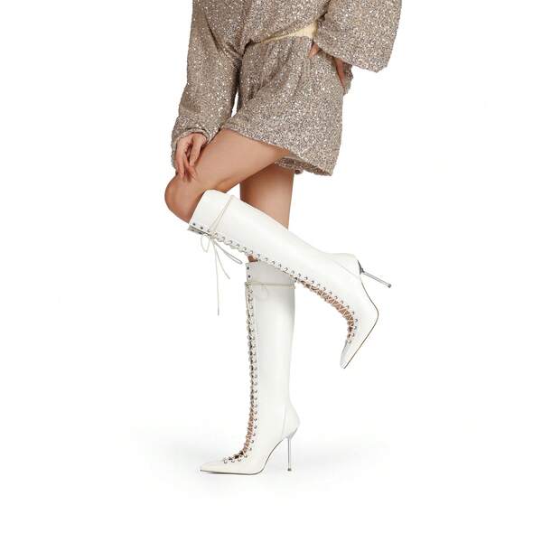 Neue spitze sexy Ausschnitt Kreuzriemen Super High Heel Mode Overknee Stiefel für Frauen