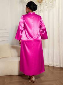 Plus Size Satin Maxi Dress For Women With Tie Neck And Kimono Sleeves Elegant Long A-Line Dress With Bow - 玫紅色 - 查看 3