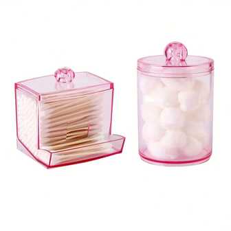 2pcs/Set Qtip Holder Bathroom Container Organizer With Lids, Clear Pink Storage Box 10oz, 7oz Ball/Swabs Dispenser, Apothecary Organizer Jar For Storage, Canisters