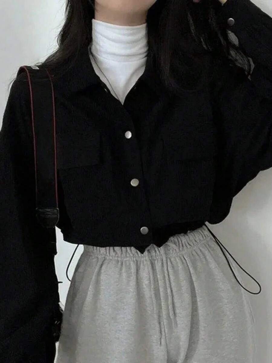 Chaqueta casual de manga larga con botones delanteros de unicolor, versátil, color negro para primavera - Negro - Ver 1