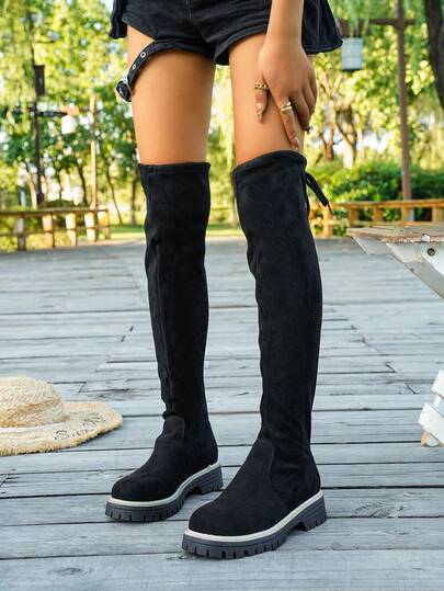 Women's Classic Slip-On Pull-On Thigh-High Black Boots, Versatile Over-The-Knee Sock Boots, Suitable For Autumn/Winter, Minimalist & Fashionable, Elegant & Comfortable, Suitable For Various Occasions And Styles
