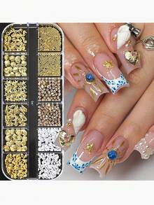 1 Box Assorted Nail Art Decorations - Seashells, Starfish, Pearls, Flower, Butterfly, Heart, Dopamine, Fruit & Vegetable Designs, High-End Ocean Style Nail Accessories - Multicolor - View 2