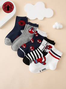 Marvel 5 双可爱卡通漫威蜘蛛侠条纹图案中筒袜，彩色提花儿童袜，透气耐用，适合所有季节，欧洲和美国尺码 - 彩色 - 查看 1