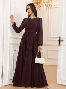 Volly Toych Coffee Autumn Outfits Women Elegant A-Line Scoop Long Sleeve Floor-Length Chiffon Formal Bridesmaid Dress,Wedding Guest Dress,Sleeves Without Lining - Coffee - View 4