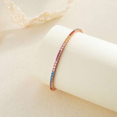 MDFUN Tennis Bracelet For Women, 2mm Colorful Cubic Zirconia 14K Gold Plated Bracelet, Rainbow Round Cut CZ Tennis Link Jewelry Gift