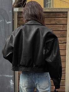Mujeres Retro Suelta Cremallera Corta Solapa Chaqueta de cuero, Abrigos casuales de manga larga para otoño e invierno, chaquetas de mujer - Negro - Ver 2