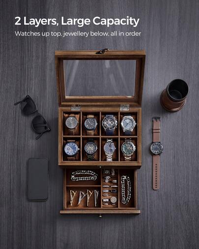 Watch Box With 8 Slots, 2-Tier Wood Watch Case With Large Glass Lid, Watch Pillows, Velvet Lining, Jewellery Box, Gift For Loved Ones, Rustic Walnut