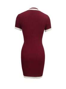 Vestido de suéter ajustado con bloqueo de color y ribete de punto de manga corta para mujer - Burdeos - Ver 2
