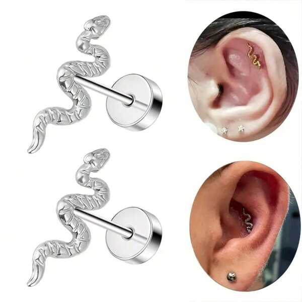 1 Pair 304 Stainless Steel Snake Ear Studs - Punk Gothic Retro Style Uncoated Metal Finish, Edgy Body Jewelry For Men, Versatile For Casual Attire, Costume Parties & Birthday Gifts, Snake Jewelry, Costume Accessories, Edgy Aesthetic, Metallic Sheen Finish