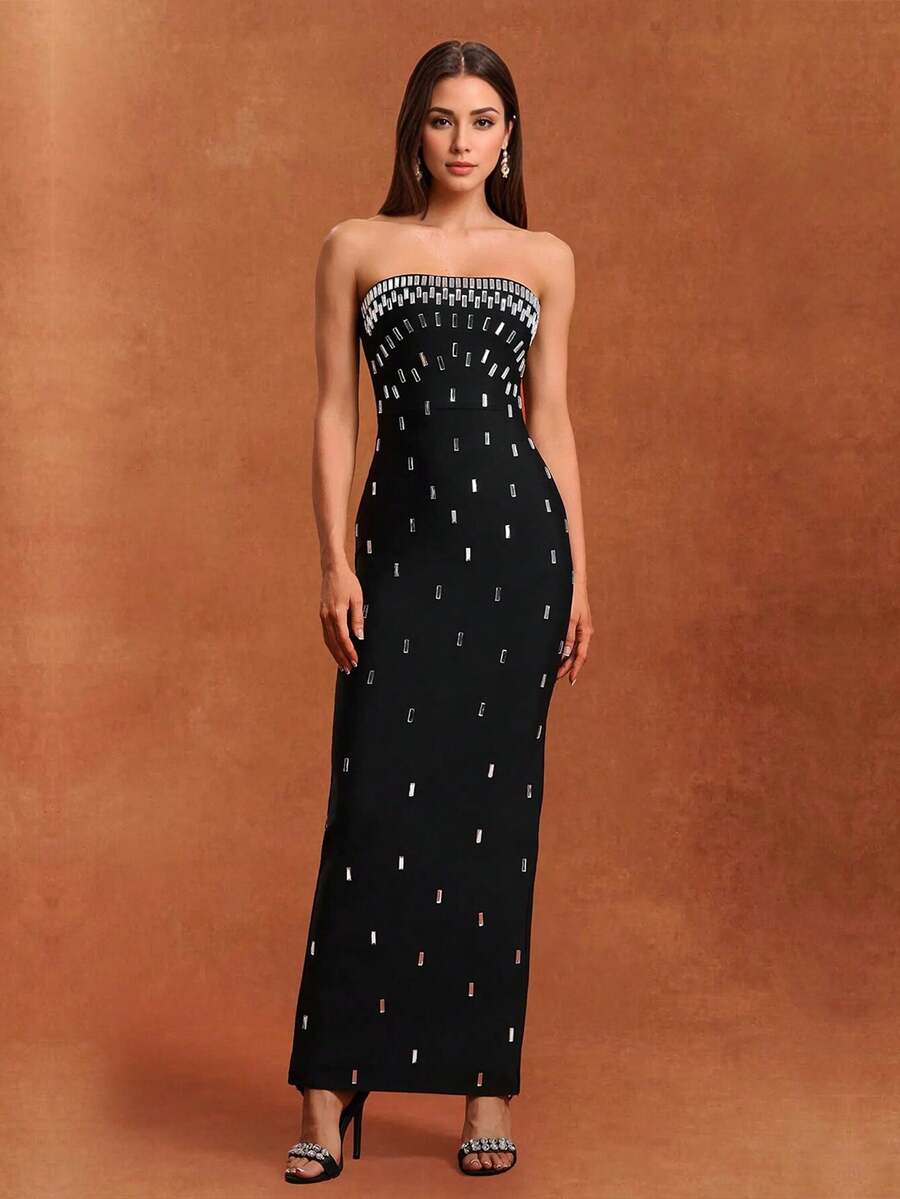 Solid Color Strapless Sparkling Rhinestone Embellished Fitted Women's Dress Black Party Wedding Fall - Black - View 1