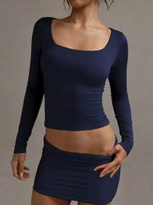 XLLAIS Áo thun dài tay màu trơn, áo thun cổ chữ V nữ mùa xuân, trang phục mùa thu, ngày Valentine - Xanh đậm - Xem 4