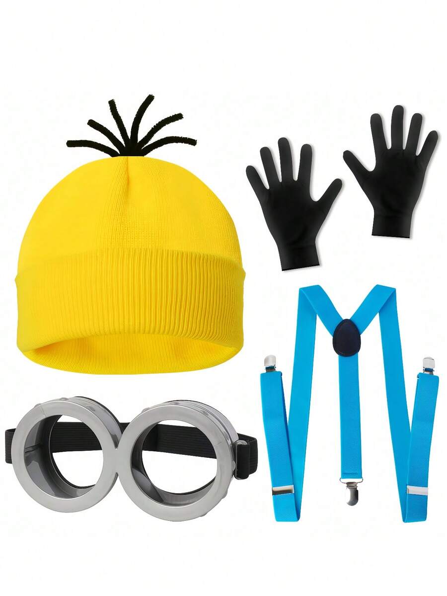 3Pcs Halloween Adults Accessories Bundle, Vintage Goggles, Yellow Beanie, Gloves, For Men Women Steampunk Cosplay Party Kit - Multicolor - View 1