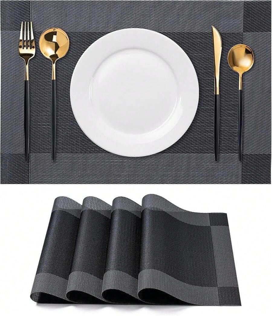 Washable Vinyl Placemats Set Of 4 For Indoor/Outdoor Use - B-four-corner-black - View 1