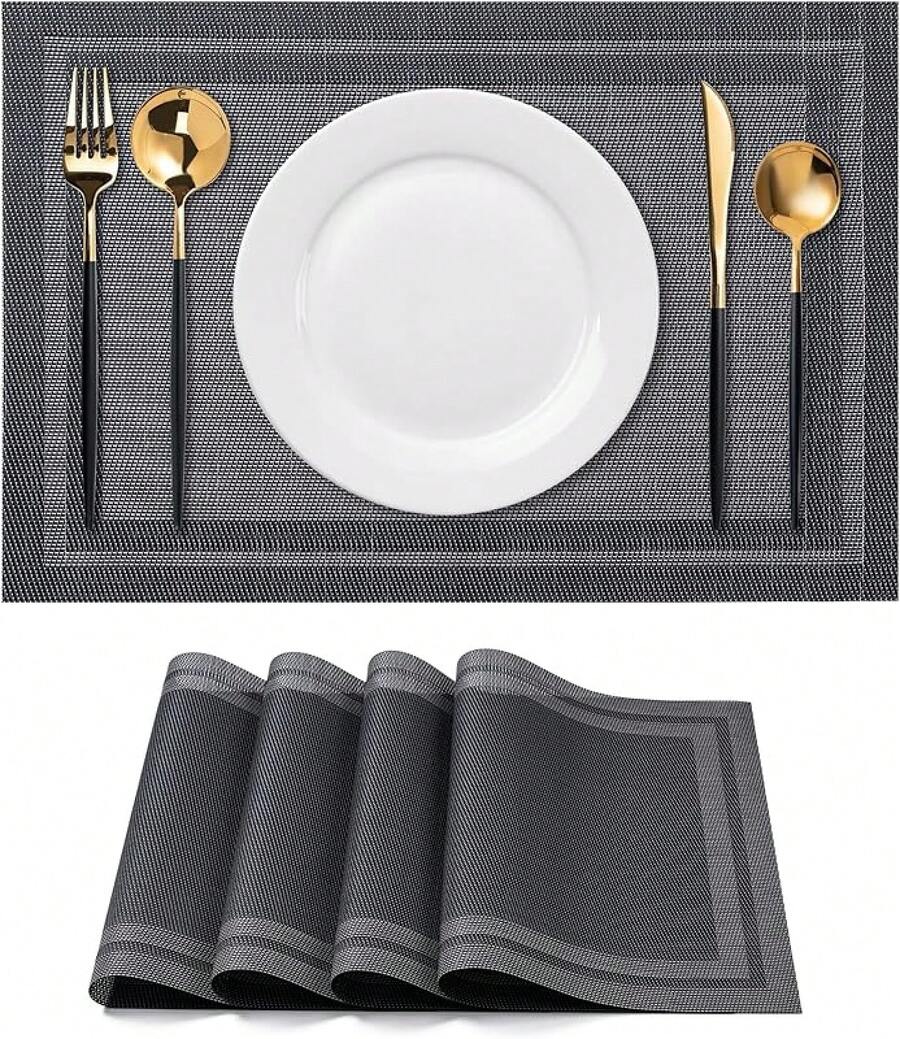 Washable Vinyl Placemats Set Of 4 For Indoor/Outdoor Use - H-simple Style-black - View 1