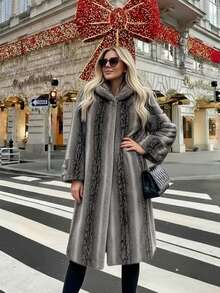 2025 冬季新款人造毛皮休闲时尚外套，复古连帽宽松中长袖女式人造毛皮夹克 - 灰色 - 查看 4