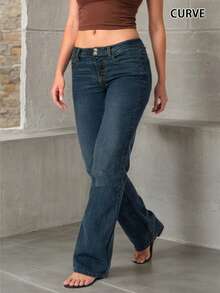 Quần jeans ống loe thoải mái cỡ lớn, dáng dài, chất liệu co giãn cao, có túi, cúc và khóa kéo, kiểu dáng thường ngày mùa xuân. - Rửa tối - Xem 7