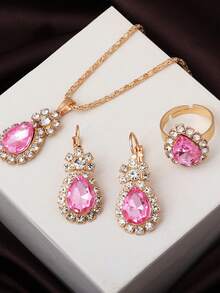 3pcs Jewelry Set: Pendant Necklace, Earrings, Ring With Rhinestones, Fashion Bridal Decoration Set, Suitable For All Seasons, Valentine's Day, Thanksgiving, And Daily Wear - Love - View 5