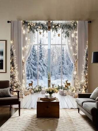 1 Set de 2 Piezas, Arte Moderno Navideño, Árbol de Navidad, Papá Noel, Copo de Nieve Navideño, Cortinas Decorativas para Sala de Estar, Cortinas Semitransparentes, Cortinas Semitransparentes, Cortinas para Dormitorio, Cortinas para Sala de Estar, Cortinas Decorativas para el Hogar