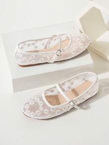 Balerini de damă cu vârful rotund din plasă, design floral brodat, stil elegant, minimalist, respirabil, retro Mary Jane, fără slip-on, la modă și confortabili pentru purtare zilnică.