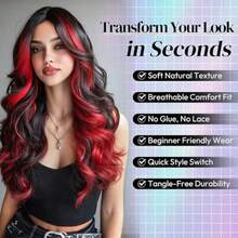 DDBlack Red High Long Wavy Wig With Curtain Bangs 28 Inch Red Black Ombre High Calico Wig For Women Natural Looking Thick Soft Synthetic Wigs Party Halloween Gothic Costume - 黑色紅色高光 - 查看 3