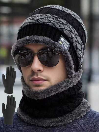 مجموعة 3 قطع من قبعة الشتاء الصوفية وغطاء الرقبة والقفازات اللمسية الشاشة الحرارية المبطنة لرأس الرجل للخروج في فصل الخريف والشتاء