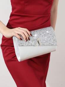 Fashionable & Elegant Sequin Patchwork Velvet Clutch Bag - Silver - View 3