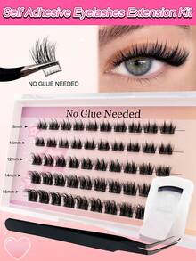 50pcs C-Curl Self-Adhesive Individual Lashes Set, 8-16mm Mixed Sizes, DIY Eyelash Extension Kit With Tweezers And Lash Curler, No Glue Needed, Segment Fake Lashes With Spikes, Suitable For Daily And Party Use - 黑色 - 查看 9