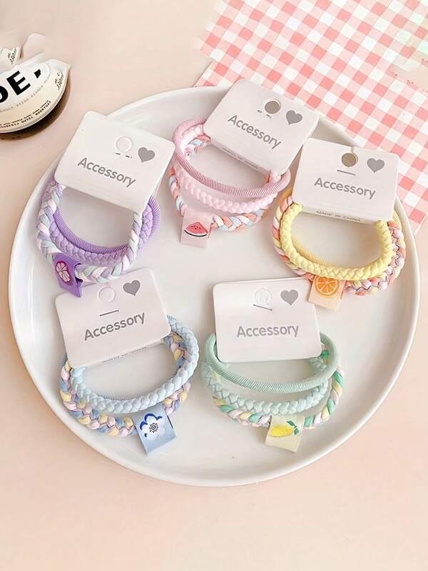 5 Stück süßes Mädchen Haarband Set, zweifarbige dicke Blumen gewebte Haargummis, bunte elastische Haarband mit Cartoon Obst Dekorationen, Haarschmuck für Mädchen