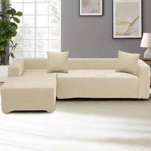 L Shape Sectional Sofa Cover 2-Pieces Couch Chaise Cover Soft Jacquard Elastic Stretch Sofa Slipcover Washable Protector For 3 Seater + 4 Seater Sofa Furniture Protector Couch Stretch L Shape Sofa Slipcover With 2Pcs Pillowcases - Màu be - Xem 7