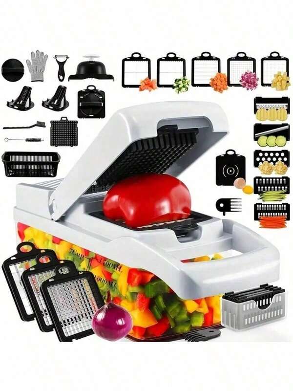 Vegetable Chopper Vegetable Cutter Mandoline Vegetable Slicer - Veggie Onion Salad Food Chopper Manual - Potato Chipper - Veg Chopper And Dicer - Kitchen Tools & Gadgets (6-In-1 Compact White)